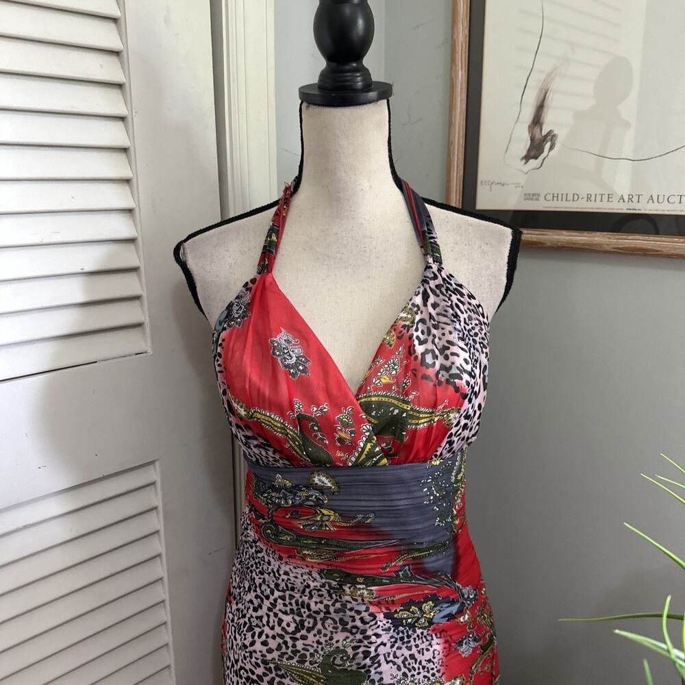 Ever Pretty Dress Womens 8 Red Mixed Print Maxi Ruched Chiffon Indie Sleaze Boho - Picture 2 of 12